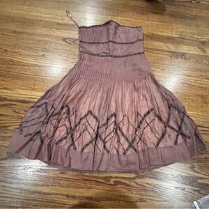 Elevenses Anthropologie Brown Mauve Isca Organdy Dress Strapless Pin Tuck Beads